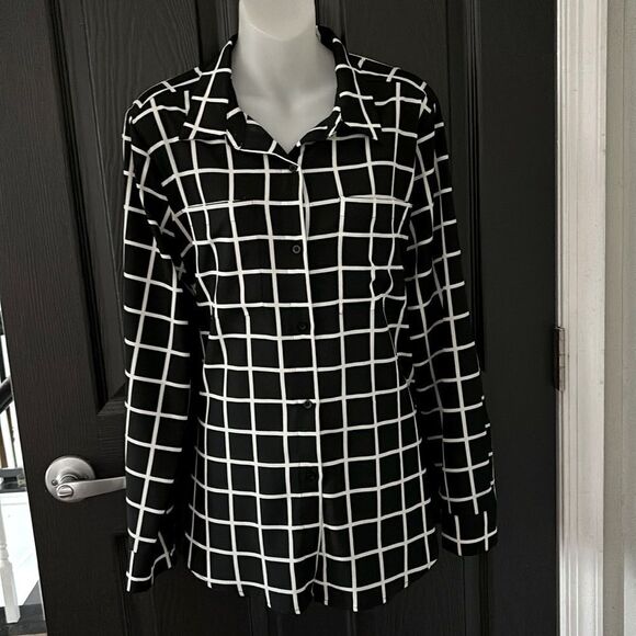 Calvin Klein Black/White Windowpane Print Blouse – Size M - Picture 3 of 6